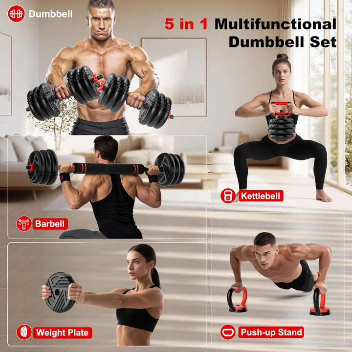 5-in-1 Adjustable Dumbbell Barbell Kettlebell Home Gym
