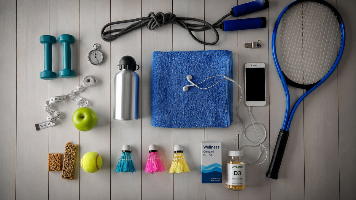 A flat-lay arrangement of fitness and wellness items on a light gray wood plank background, including a blue towel, jump rope, tennis racket, dumbbells, water bottle, smartphone, earbuds, apple, protein bars, shuttlecocks, a tennis ball, and supplements.