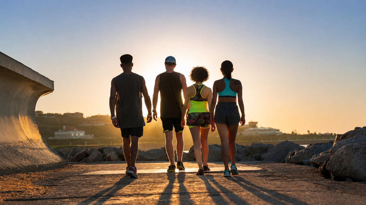 Four people seen from behind walking away on a sunlit path outdoors near rocks and a curved concrete structure at sunset.