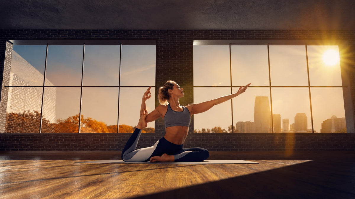 A woman in a gray sports bra and black leggings performs a yoga pose on a wooden floor in a gym, with large windows showing a sunset city skyline behind her.